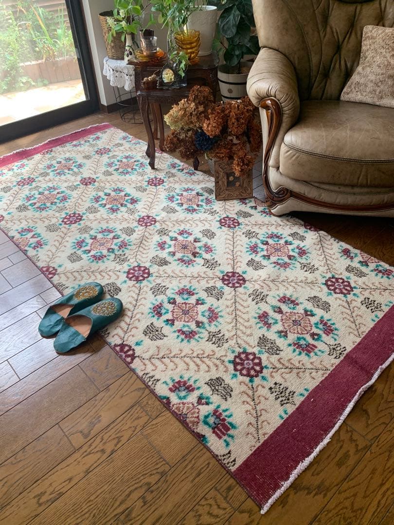 トルコヴィンテージラグ　大判ロング　225×98フラワー　ボルドー　ウール　厚み