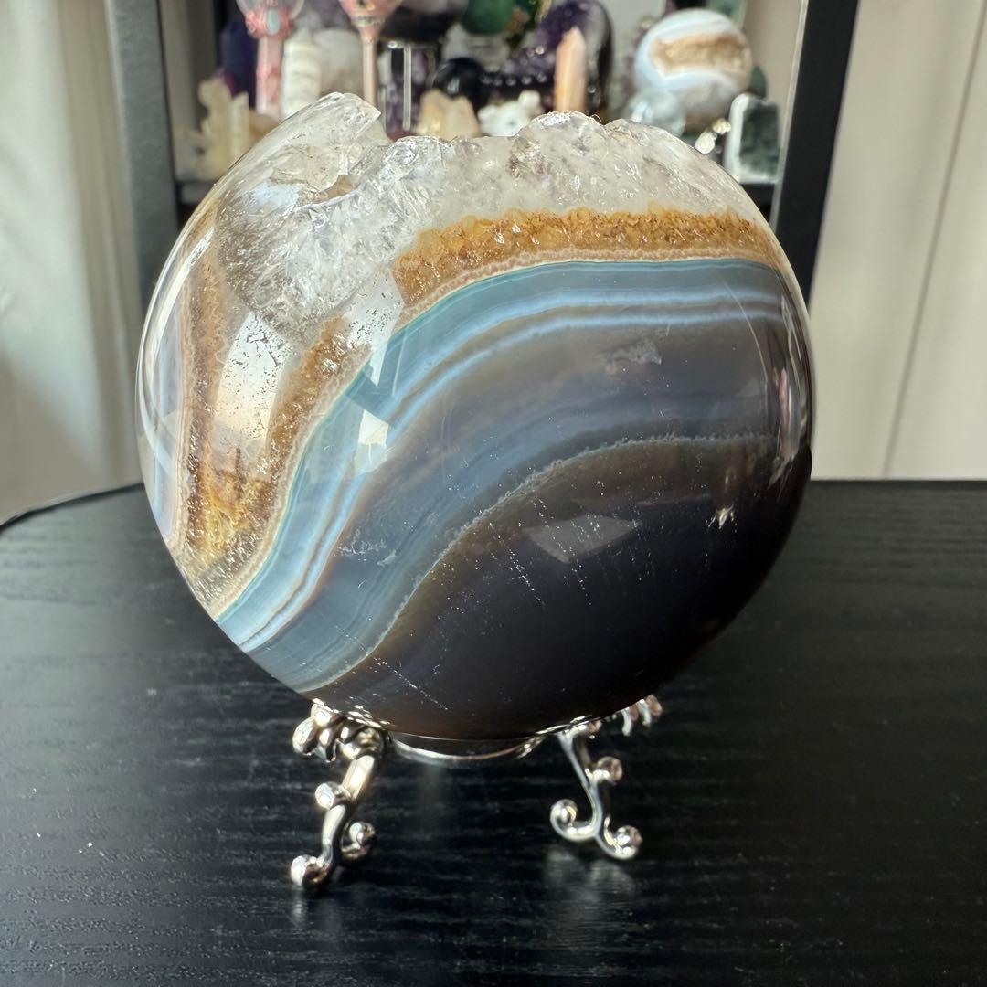 天然石瑪瑙の笑い口　置物　スフィア　丸玉NO.012402