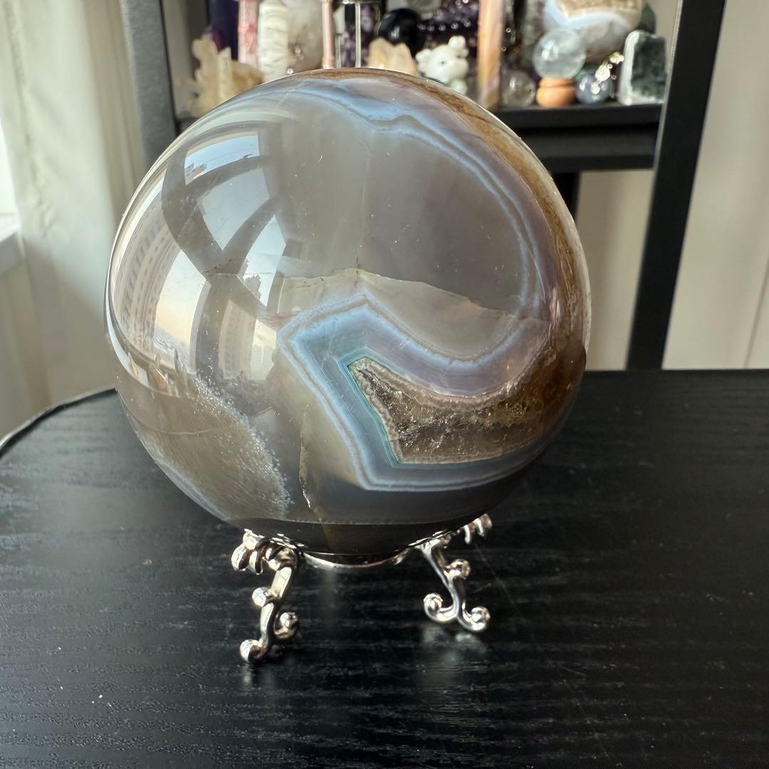 天然石瑪瑙の笑い口　置物　スフィア　丸玉NO.012402