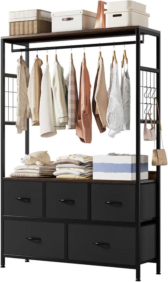 ハンガーラック 引き出し付き2段5杯 高防水性皮革 タンス 収納チェスト