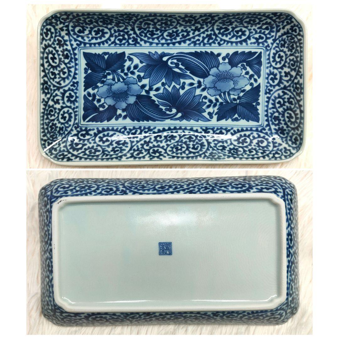 【新品未使用品】龍峰窯 染付古伊万里焼物皿 蛸唐草 牡丹　角皿5枚セット