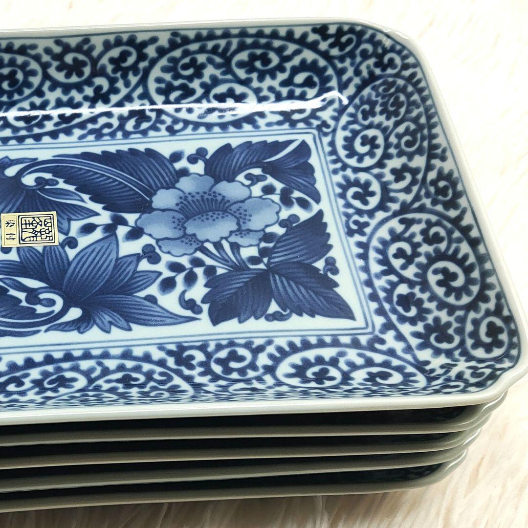 【新品未使用品】龍峰窯 染付古伊万里焼物皿 蛸唐草 牡丹　角皿5枚セット