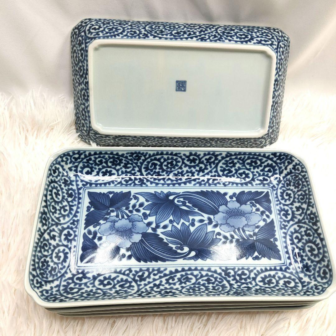 【新品未使用品】龍峰窯 染付古伊万里焼物皿 蛸唐草 牡丹　角皿5枚セット