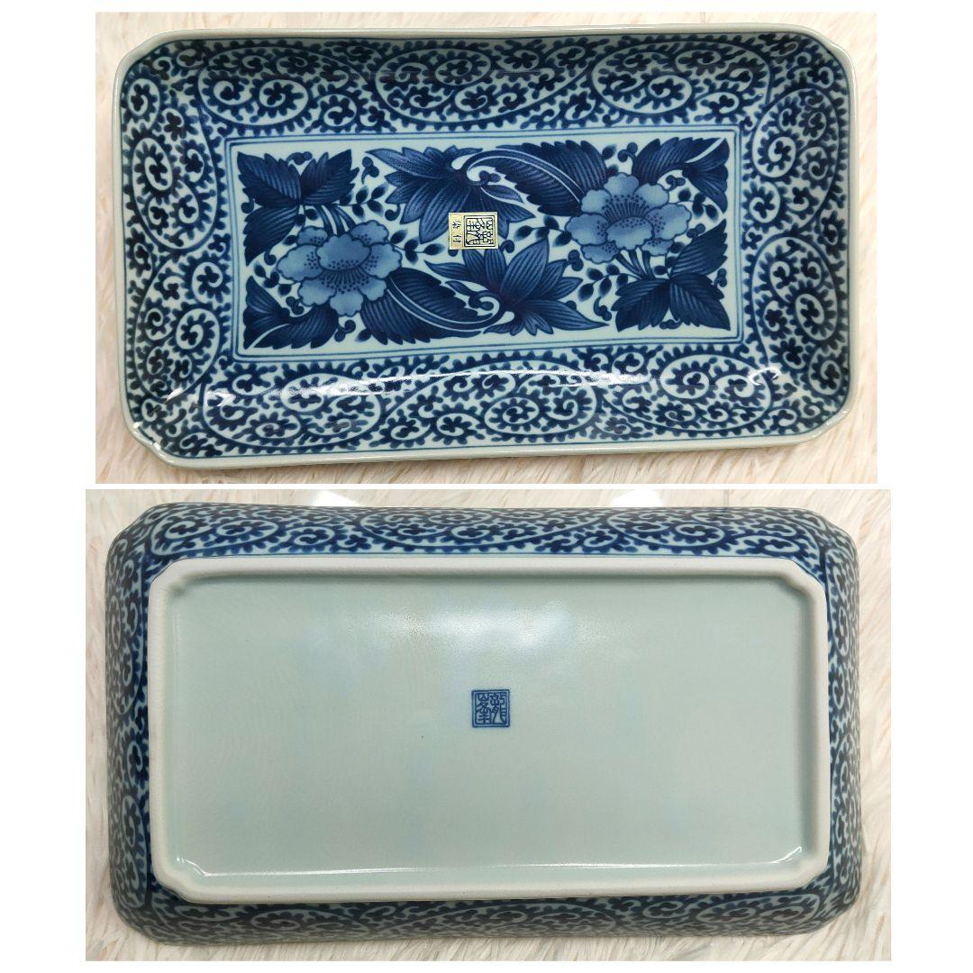 【新品未使用品】龍峰窯 染付古伊万里焼物皿 蛸唐草 牡丹　角皿5枚セット