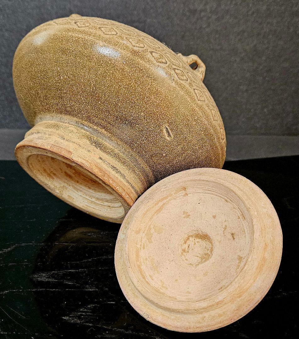 【名品❗】中国古陶磁器　宋時代　古越州窯　ツガイ鳥摘み　亀甲文　四耳　蓋物　香炉