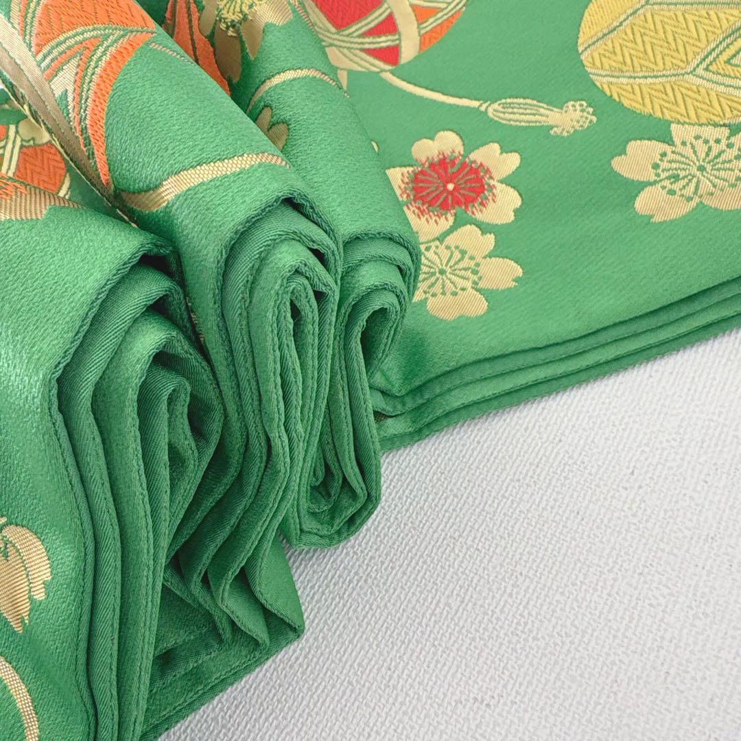 フルセット　七五三７歳女の子　赤黒地絹毬牡丹　新品袋帯緑地　簡単半襟　7126