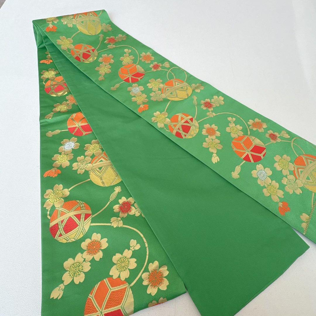 フルセット　七五三７歳女の子　赤黒地絹毬牡丹　新品袋帯緑地　簡単半襟　7126