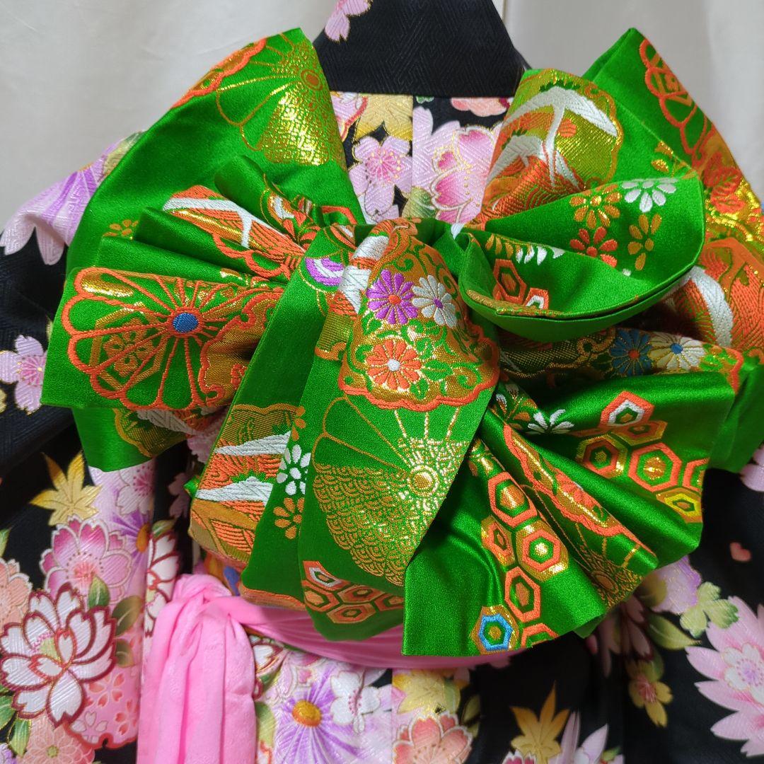 七五三　７歳 黒とピンクの花柄着物セット　簪セット付き