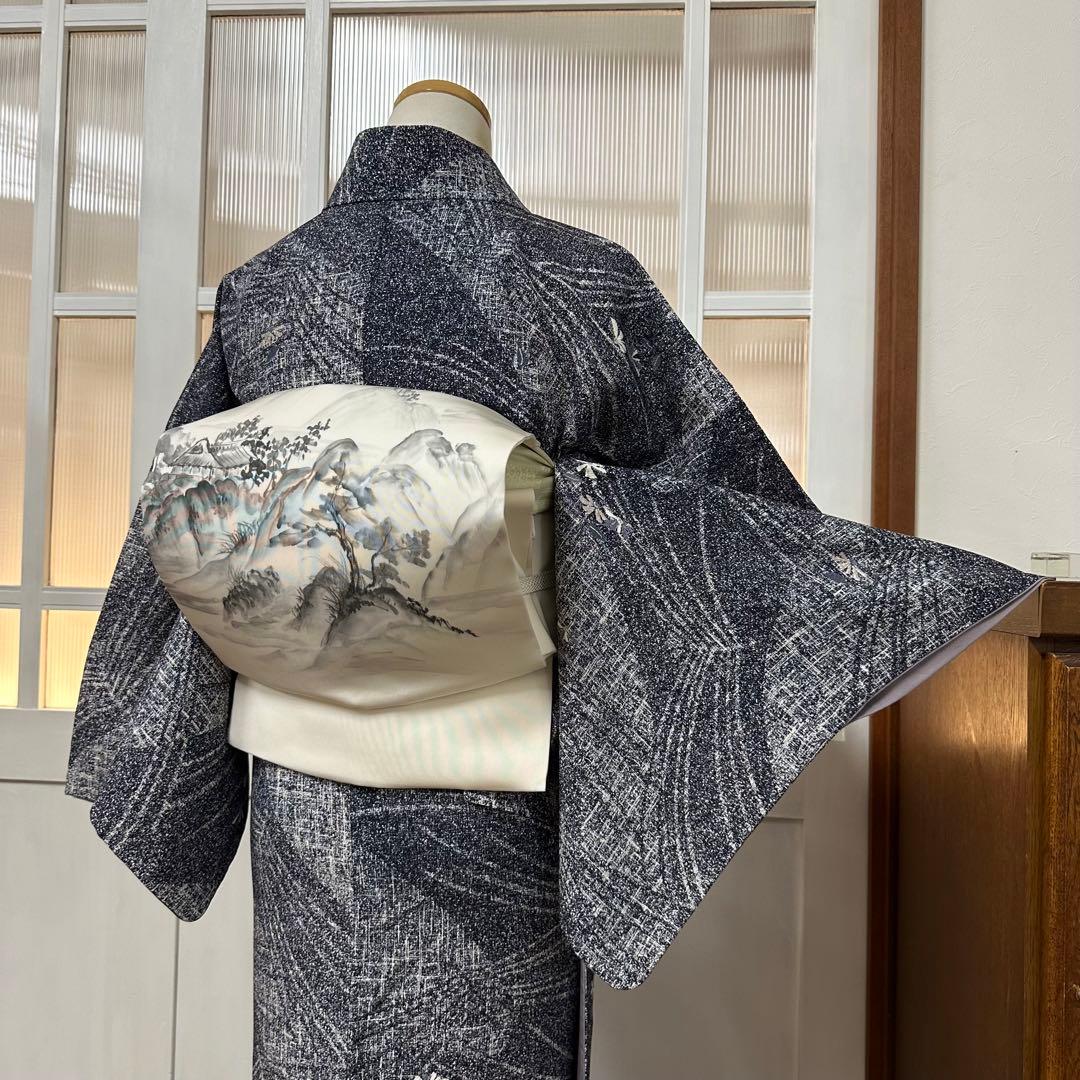 ち*こ様 小紋　袷　正絹　東京ますいわ屋　紺藍色×白　菊　幾何学　身丈165裄6