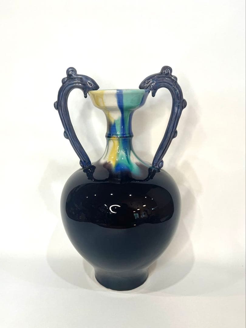 【人間国宝】三代 徳田八十吉 【正彦銘】彩釉 耳付壺 約37.5cm 龍耳