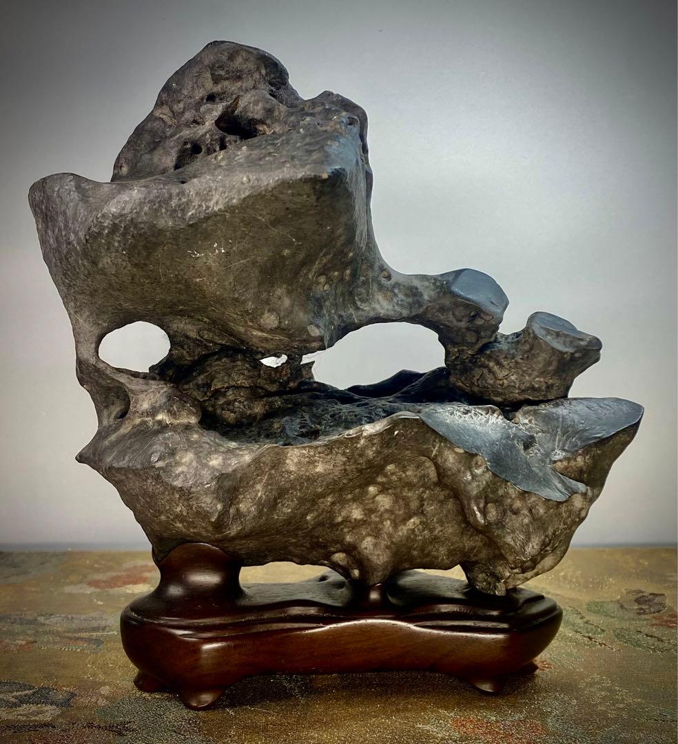 6584 老太湖石 銘 紫栞城 ウブ 刻印あり 台座2個あり 桐箱あり