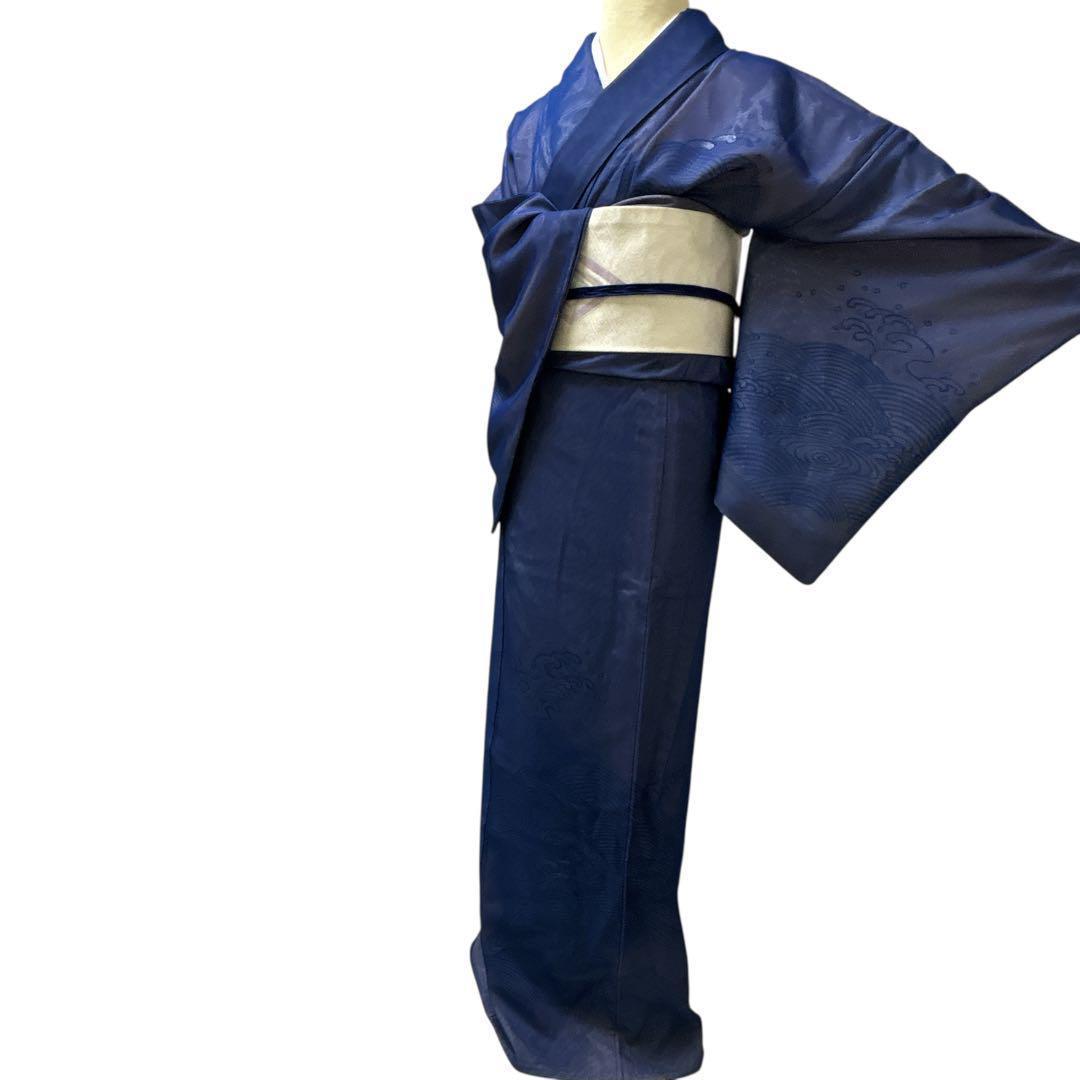 A69愛華 夏着物 二重紗　紺　波模様　刺繍　美品