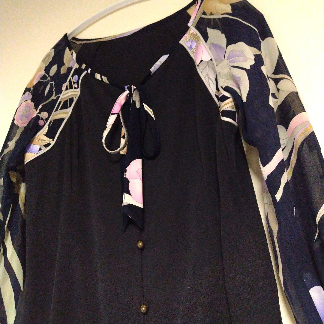美品　LEOPARD レオナール袖シースルーブラウス　紺　L