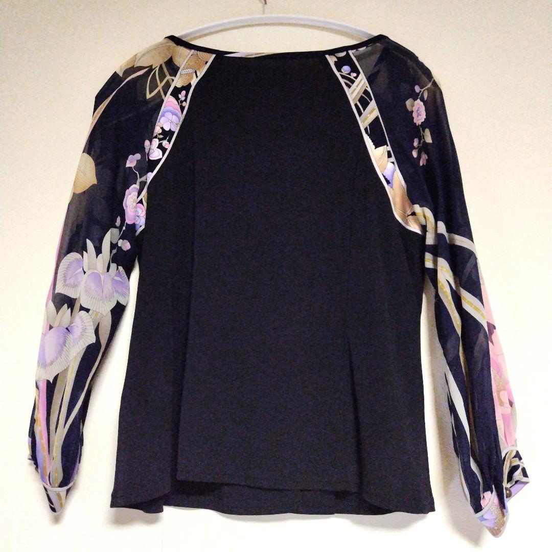 美品　LEOPARD レオナール袖シースルーブラウス　紺　L