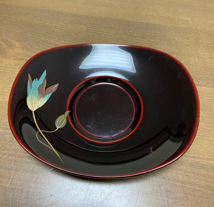 輪島塗　花図替茶托　五客　塗師　静峰作　共箱　M183