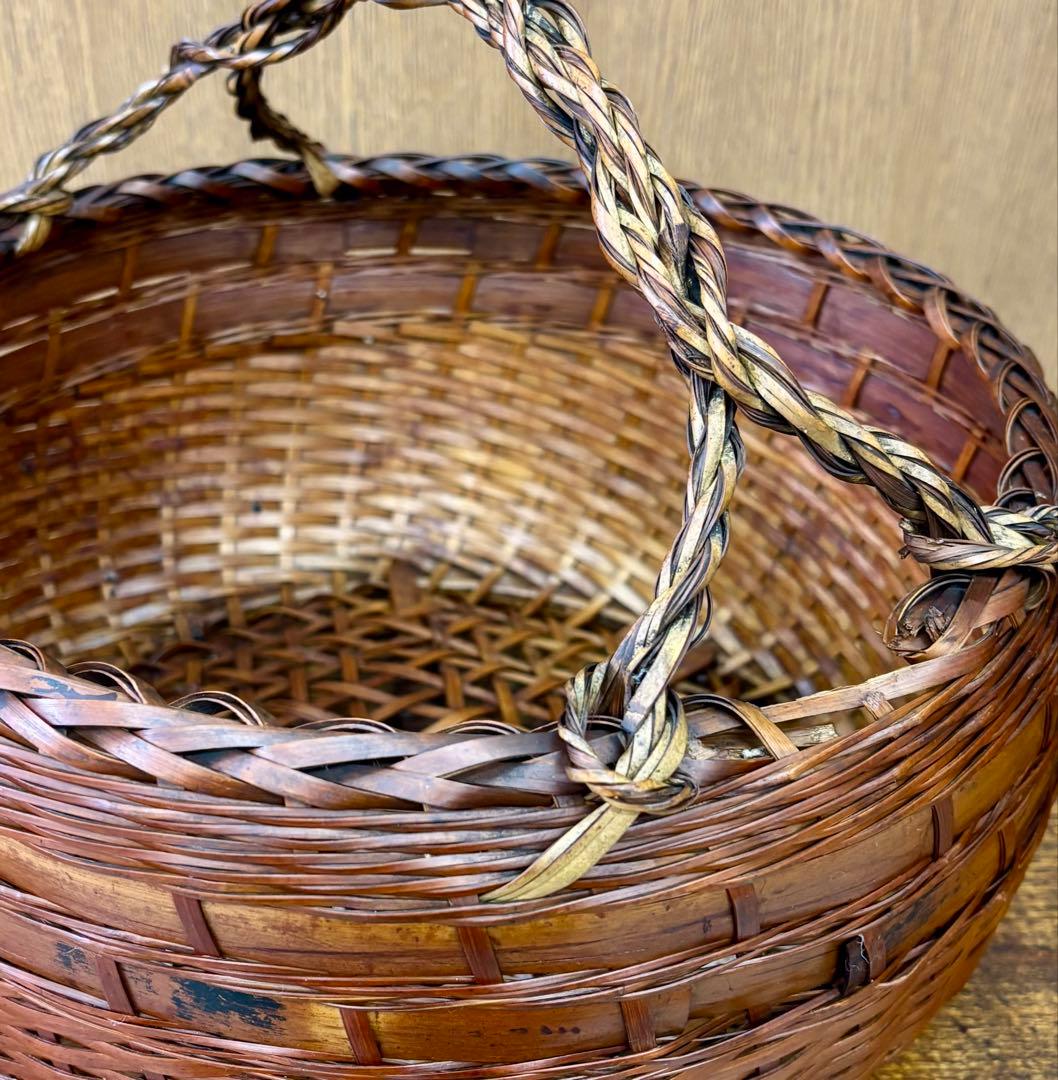 【約100年前／大正十三年】銘入り 竹編み 手提げ籠 竹細工師作 古民藝