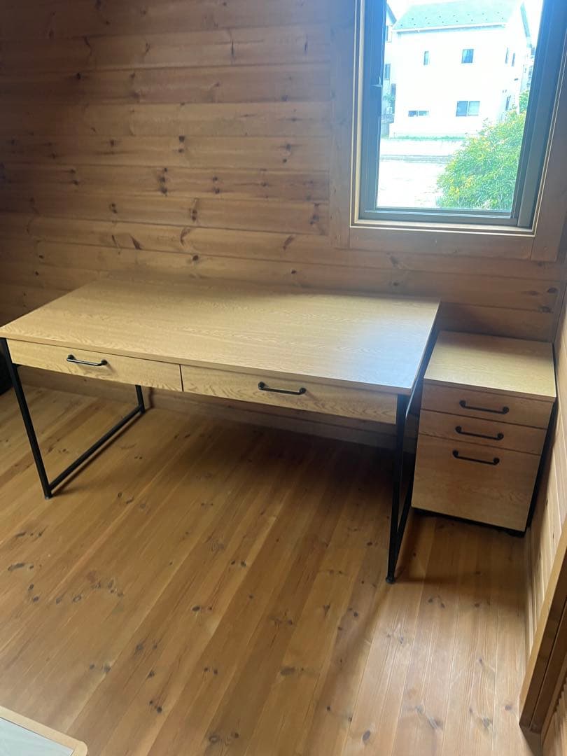 【美品LOWYA】ナチュラルカラーデスク キャスター付きキャビネットセット