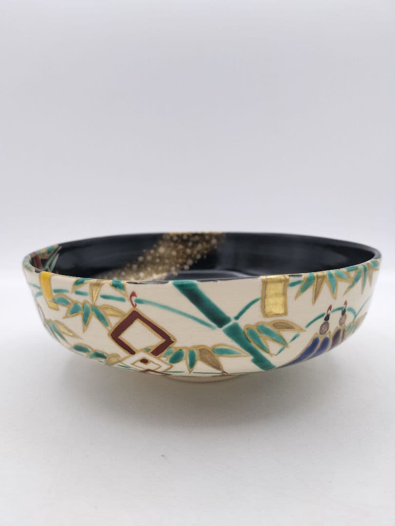c305 平茶碗 五節句 色絵黒 七夕 加藤利昇 木箱 茶道具 古物