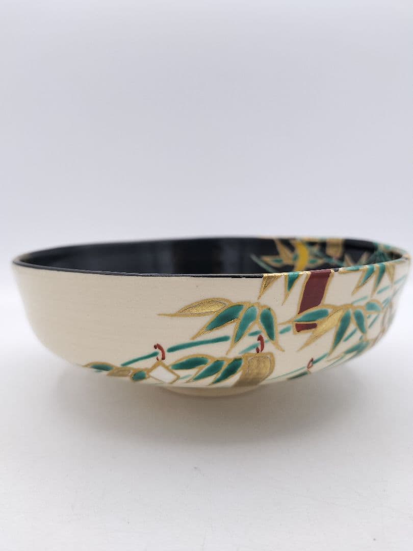 c305 平茶碗 五節句 色絵黒 七夕 加藤利昇 木箱 茶道具 古物