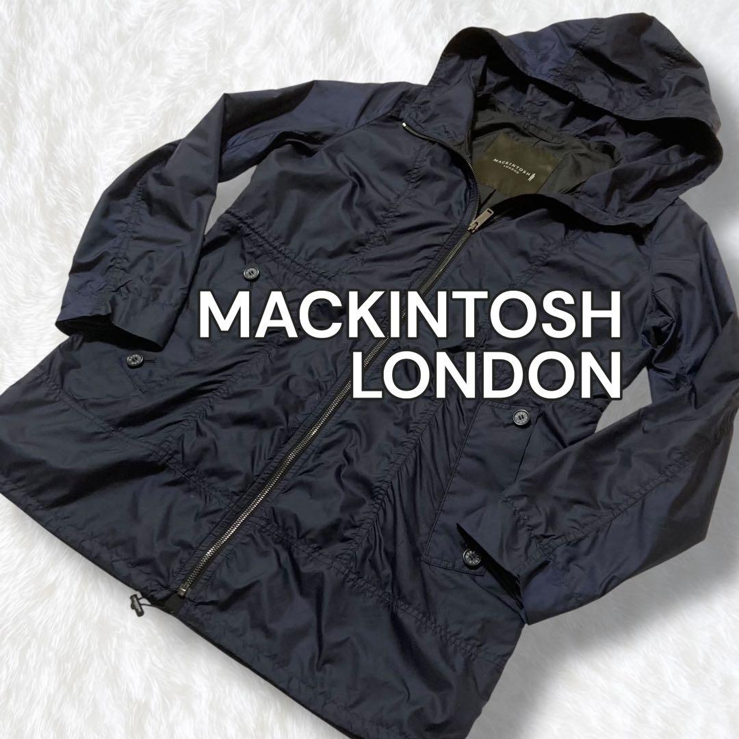 美品 マッキントッシュ ロンドン 撥水 ナイロンコート フーデッド ネイビー M