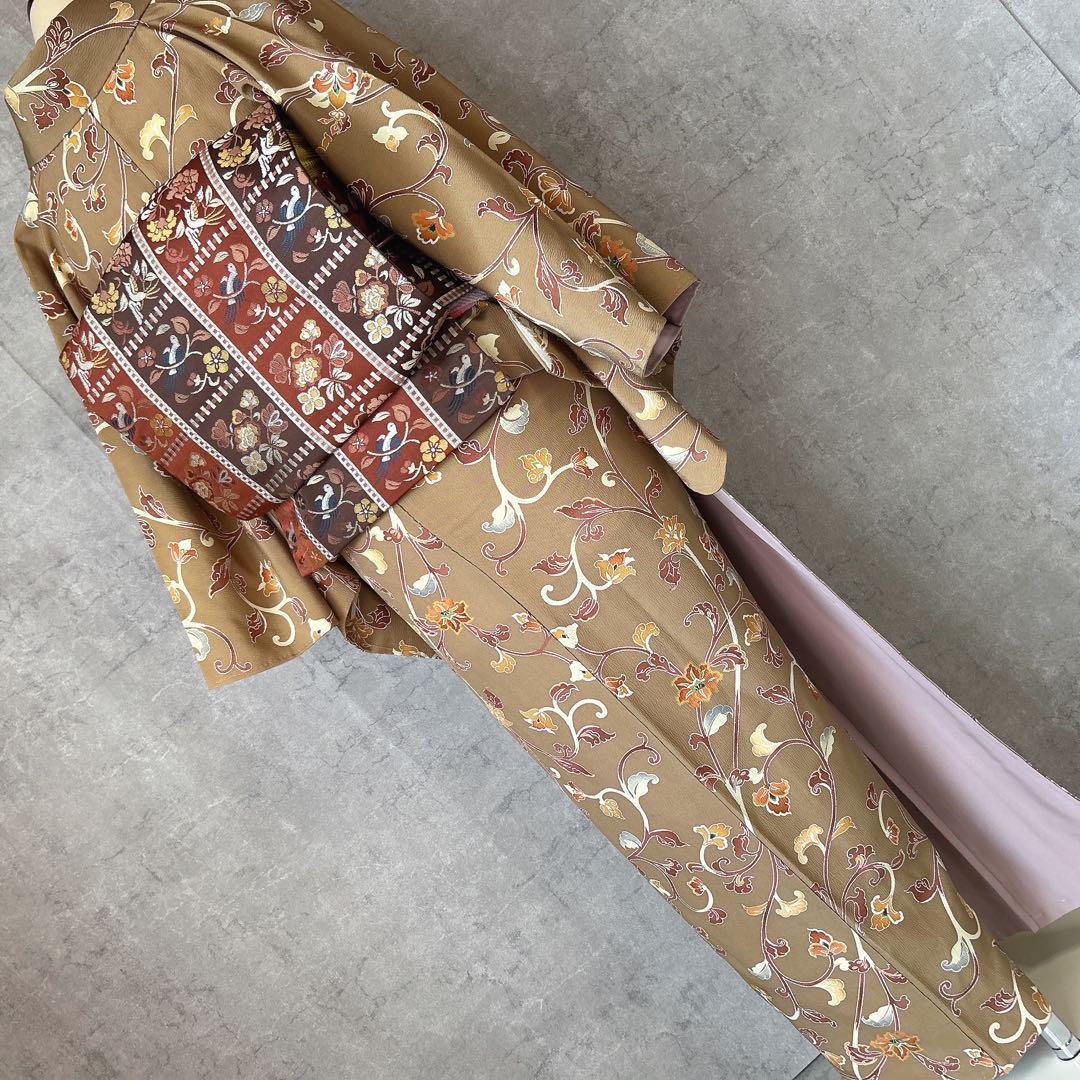 小紋　フルセット　着物　正絹　唐草　マスタードイエロー