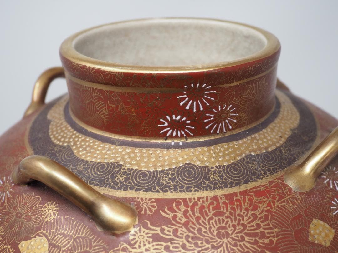 色絵金彩扇面花鳥風景図四耳花瓶　壺　薩摩焼　連山　-SO