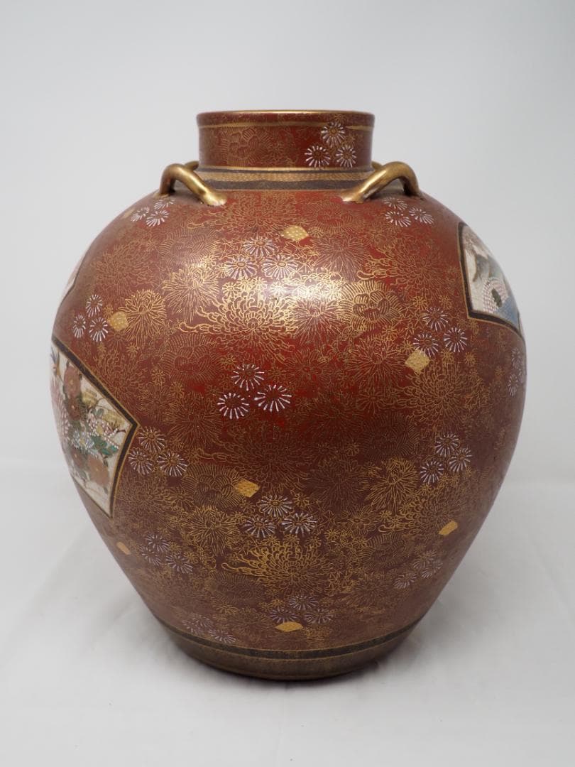 色絵金彩扇面花鳥風景図四耳花瓶　壺　薩摩焼　連山　-SO