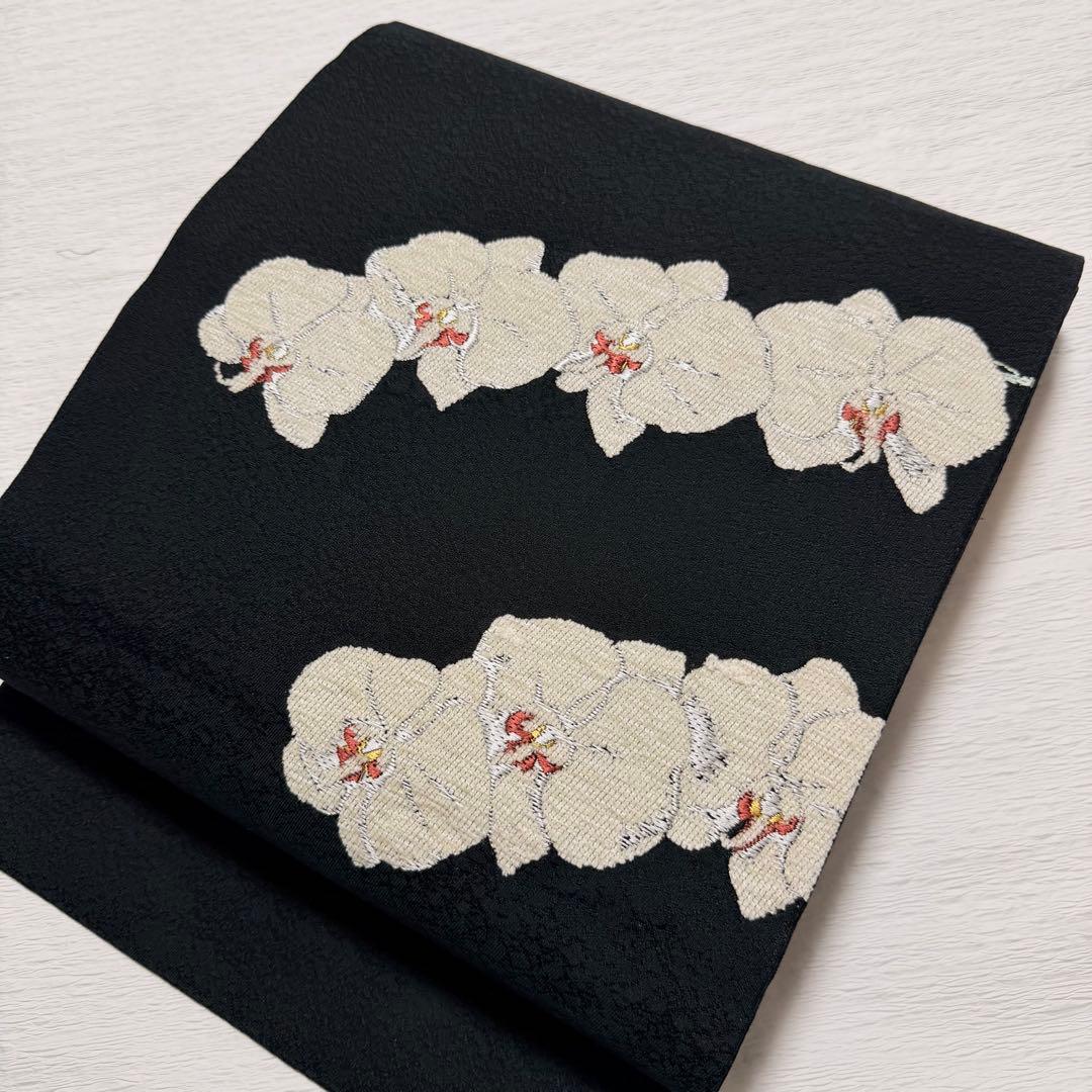 m-58 胡蝶蘭 ビロード 名古屋帯 正絹 黒地 極美品