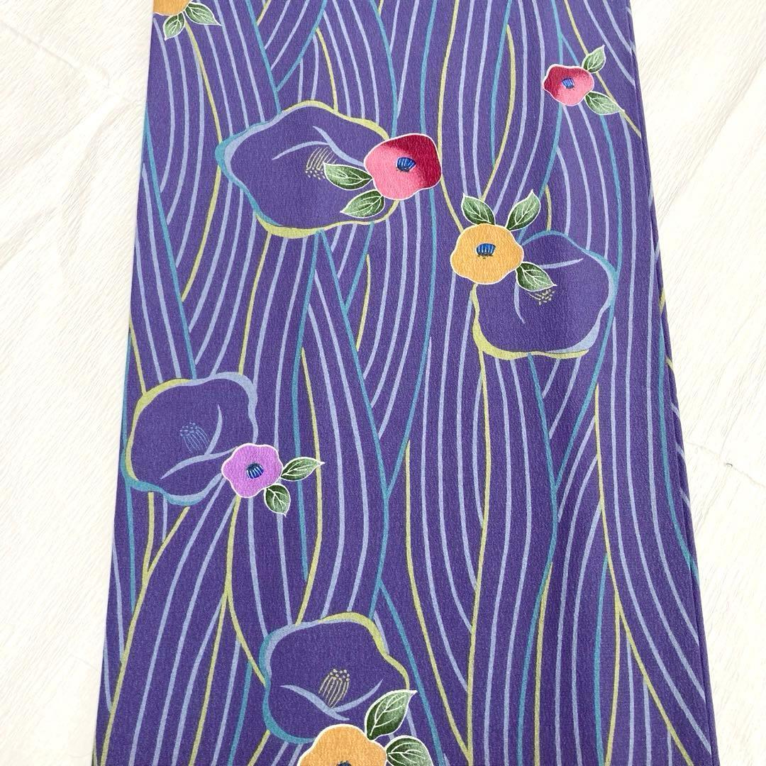 【美品✨】東レシルック　洗える着物　小紋　椿柄　青みの紫色　花文　紫系　袷　L2