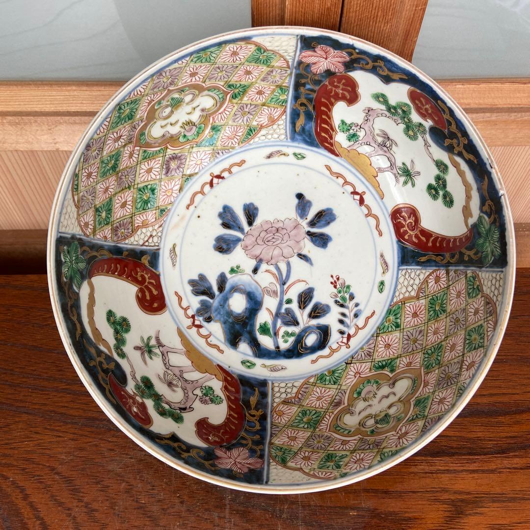 色絵古伊万里金彩牡丹瑞雲四方割文鉢