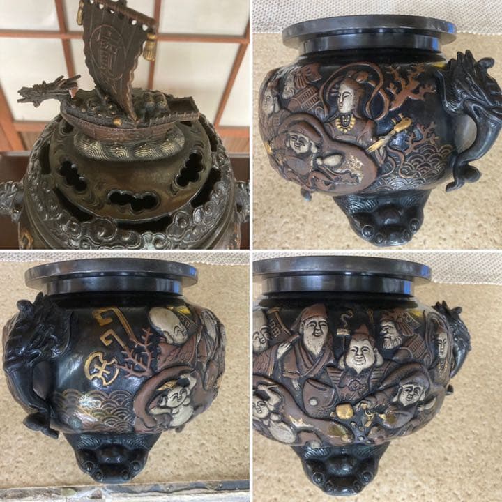 大型七福神銅香炉共箱付 銅器 アンティーク 骨董 高岡 仏具