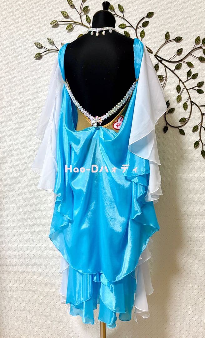 新品★ドレス★スムース★ルンバ★社交ダンス★ドレープ★競技会★デモ★アクアブルー
