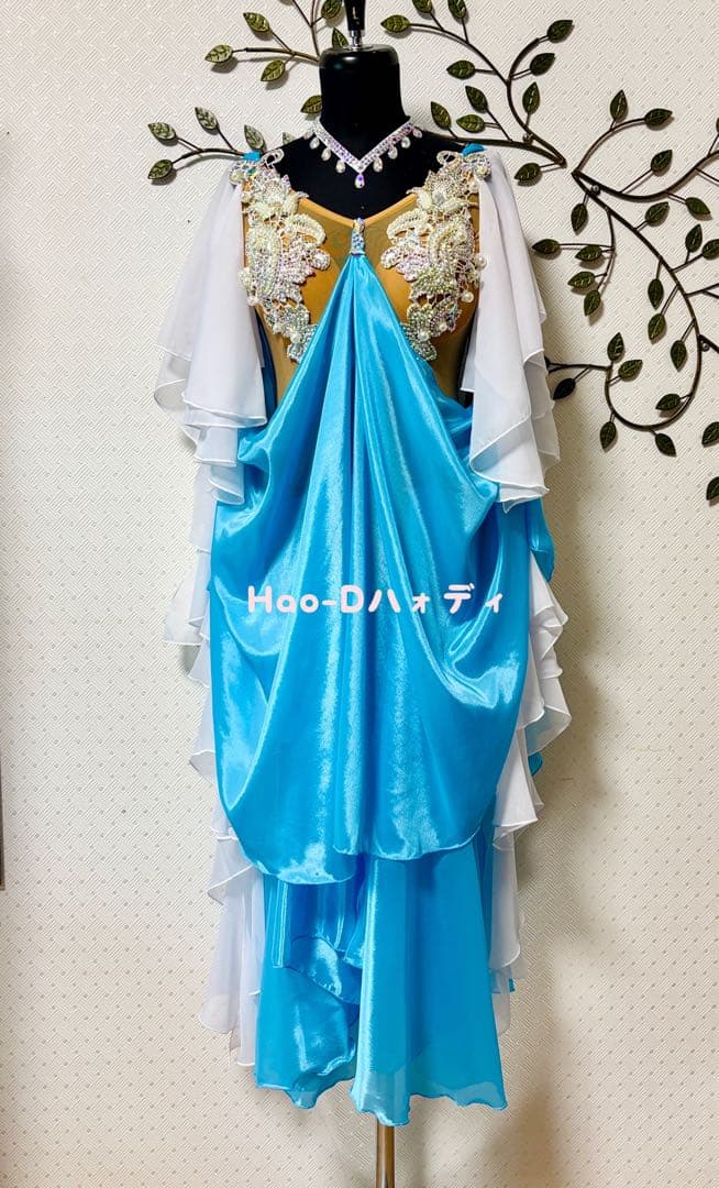 新品★ドレス★スムース★ルンバ★社交ダンス★ドレープ★競技会★デモ★アクアブルー