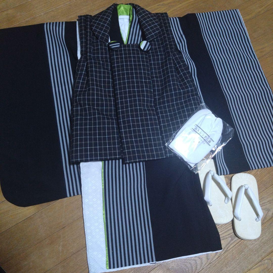 三歳★美品★モダン★チェック被布＆黒ストライプ着物＆雪駄18