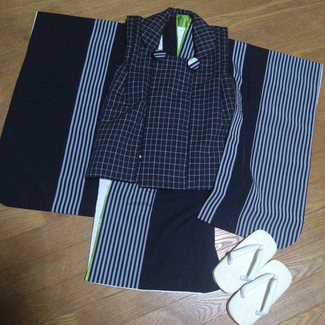 三歳★美品★モダン★チェック被布＆黒ストライプ着物＆雪駄18