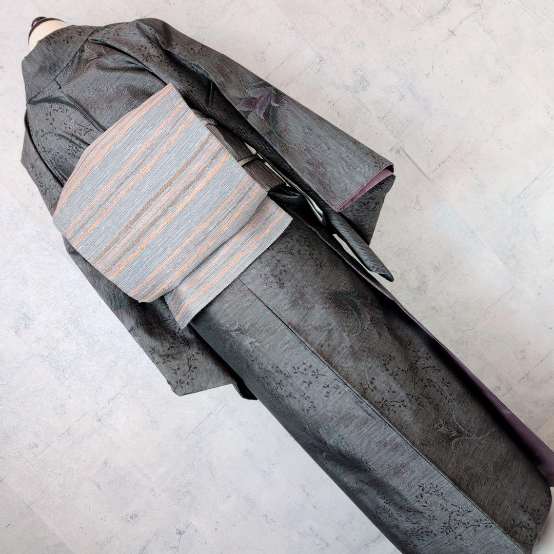 大島紬　紬　フルセット　小紋　着物　正絹　花　黒　おしゃれ　トールサイズ　O7