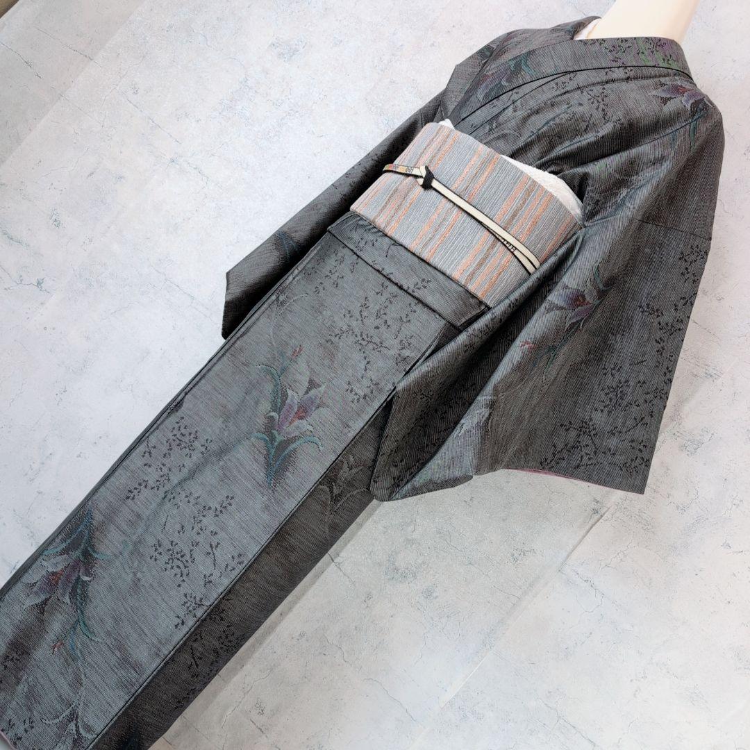 大島紬　紬　フルセット　小紋　着物　正絹　花　黒　おしゃれ　トールサイズ　O7