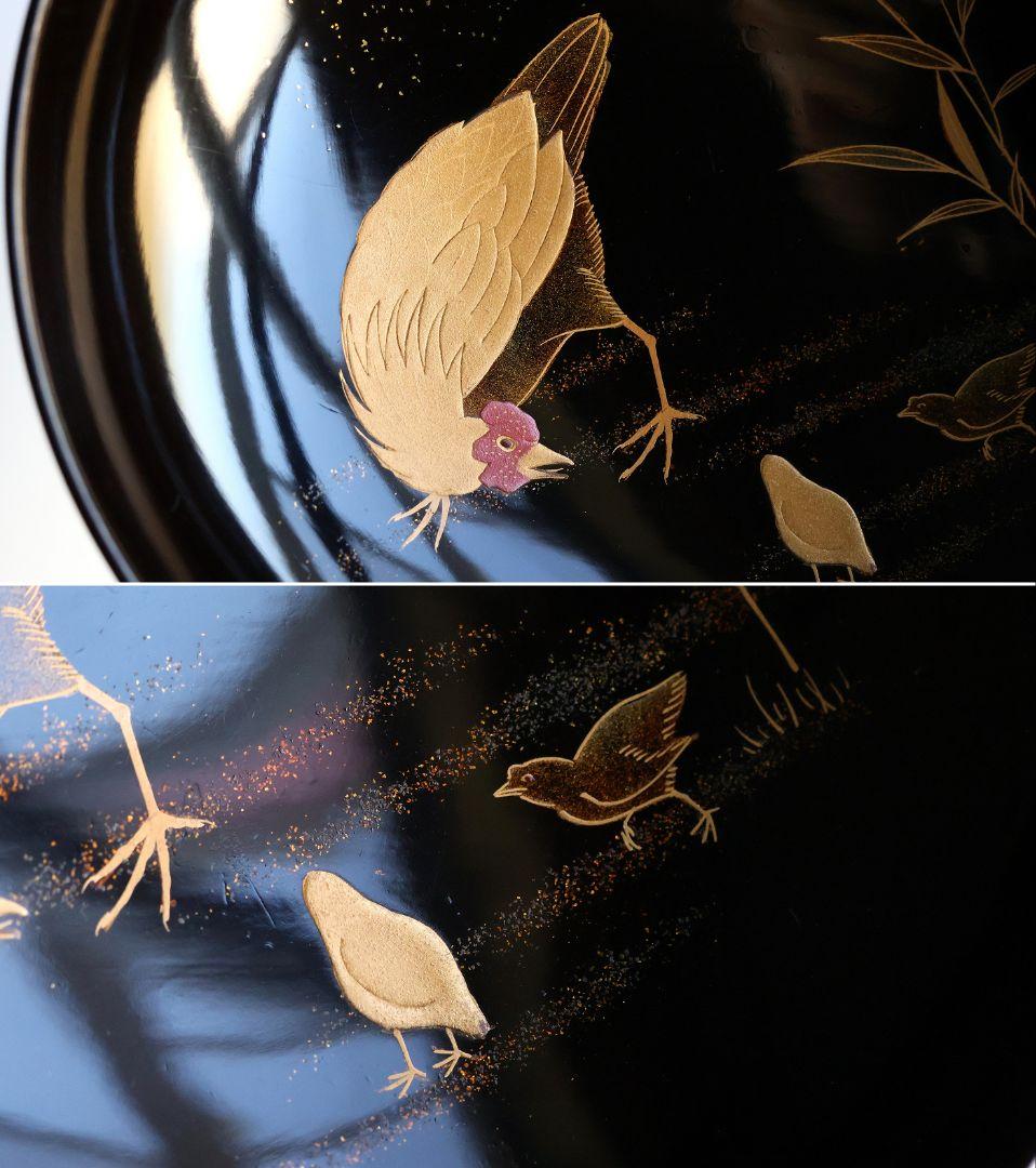 【CM352】時代蒔絵椀 竹に鶏金蒔絵 平椀二客 木製 /(検) 輪島塗加賀能登