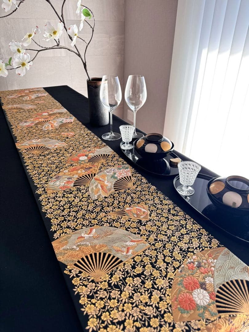 ︎専用◼︎C1279◼︎オーダー品 高級袋帯 正絹 扇 枝垂れ桜 箔(〜260cm)