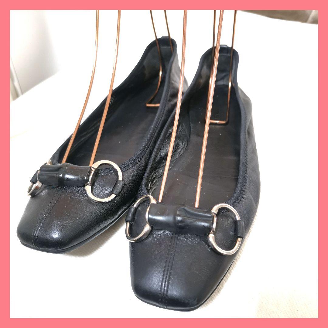 【良品】黒グッチGUCCIバンブーホースビット37.5フラットシューズ24.5