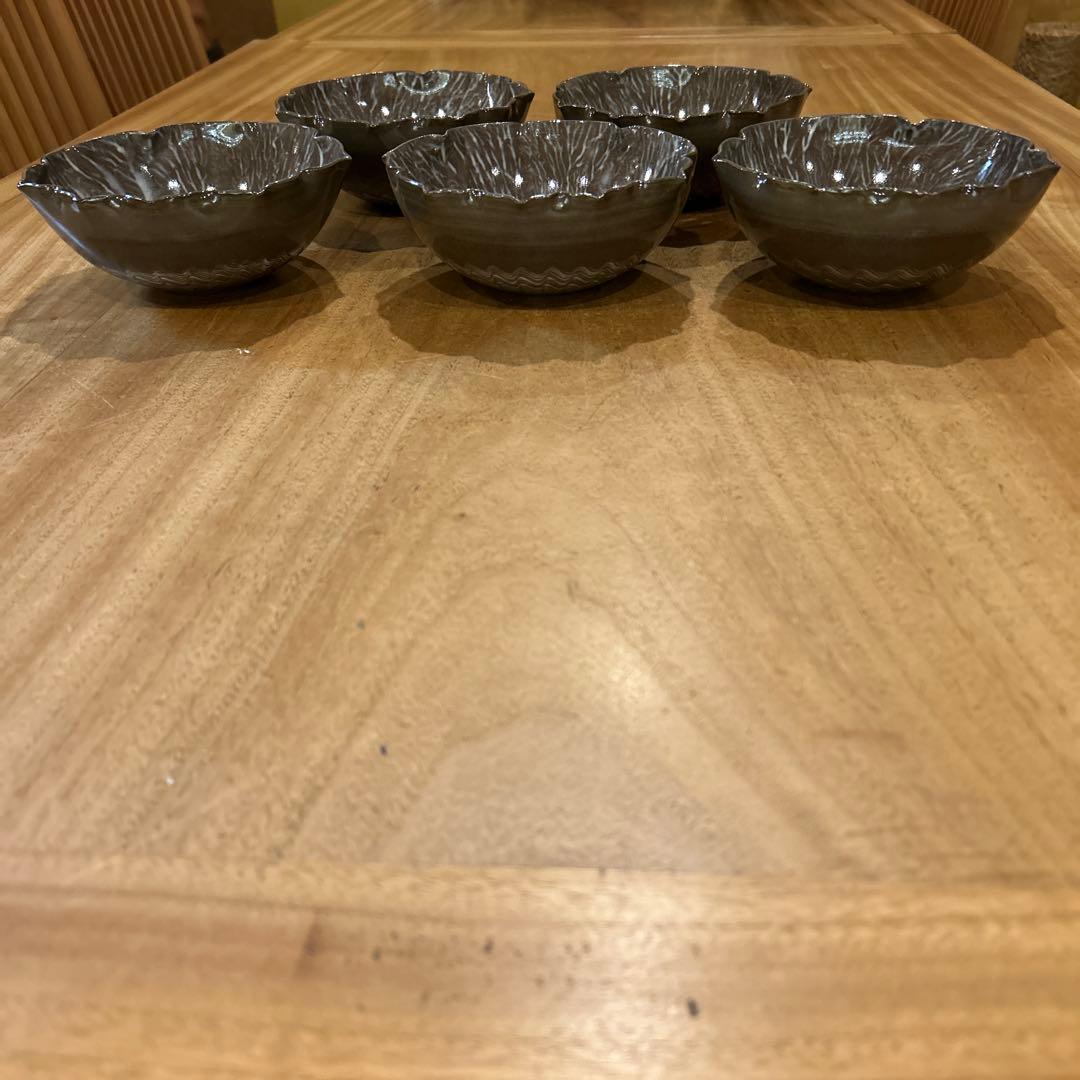 長崎　現川焼 十二代 横石臥牛宗雲作 刷毛目 花形鉢　五個　希少　一