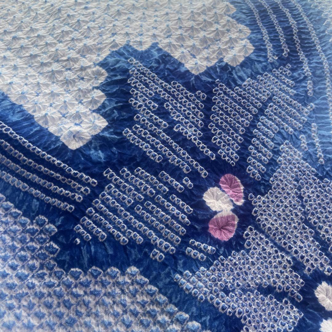 浴衣　有松絞り　トールサイズ　ぼかし　三浦絞り　紺青水色　有松鳴海絞り　蜘蛛絞り