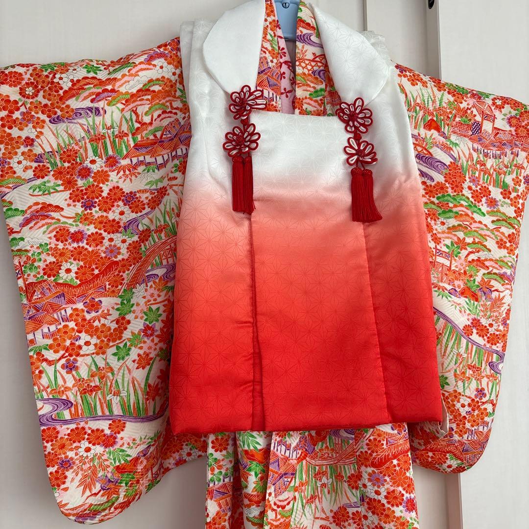 レトロ　総柄　正絹　七五三着物　3歳　女の子　被覆　襦袢付き　3点セット