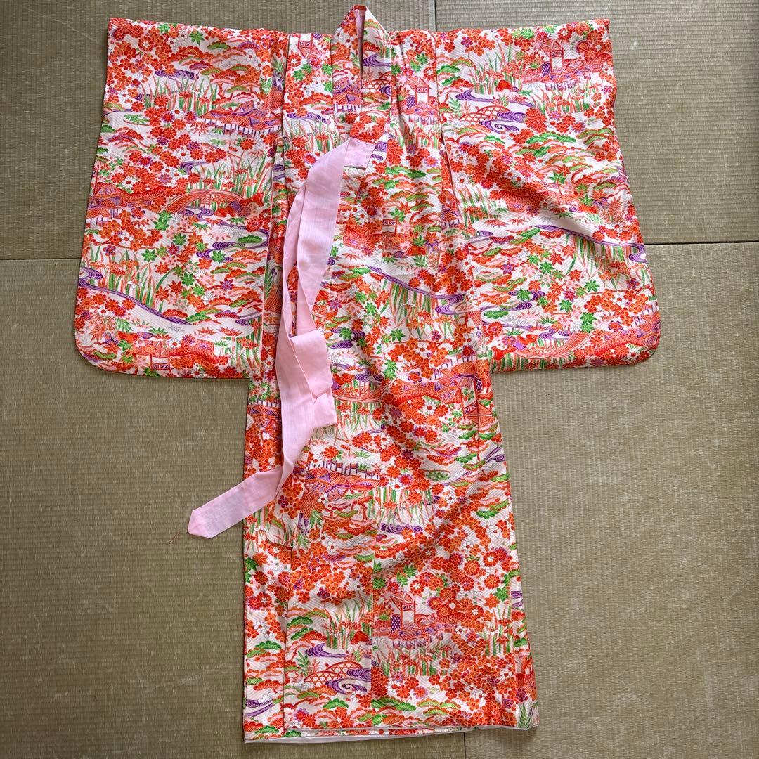 レトロ　総柄　正絹　七五三着物　3歳　女の子　被覆　襦袢付き　3点セット