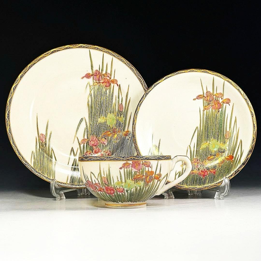 極美品■オールドニッポン 薩摩 エッグシェル 金彩 菖蒲図紋 キャビネットトリオ