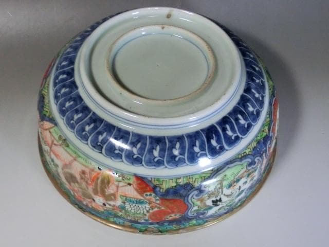 大鉢■色絵 窓絵 鶴 麒麟 唐子 古い菓子器 置物 花唐草 骨董(江戸後期)■