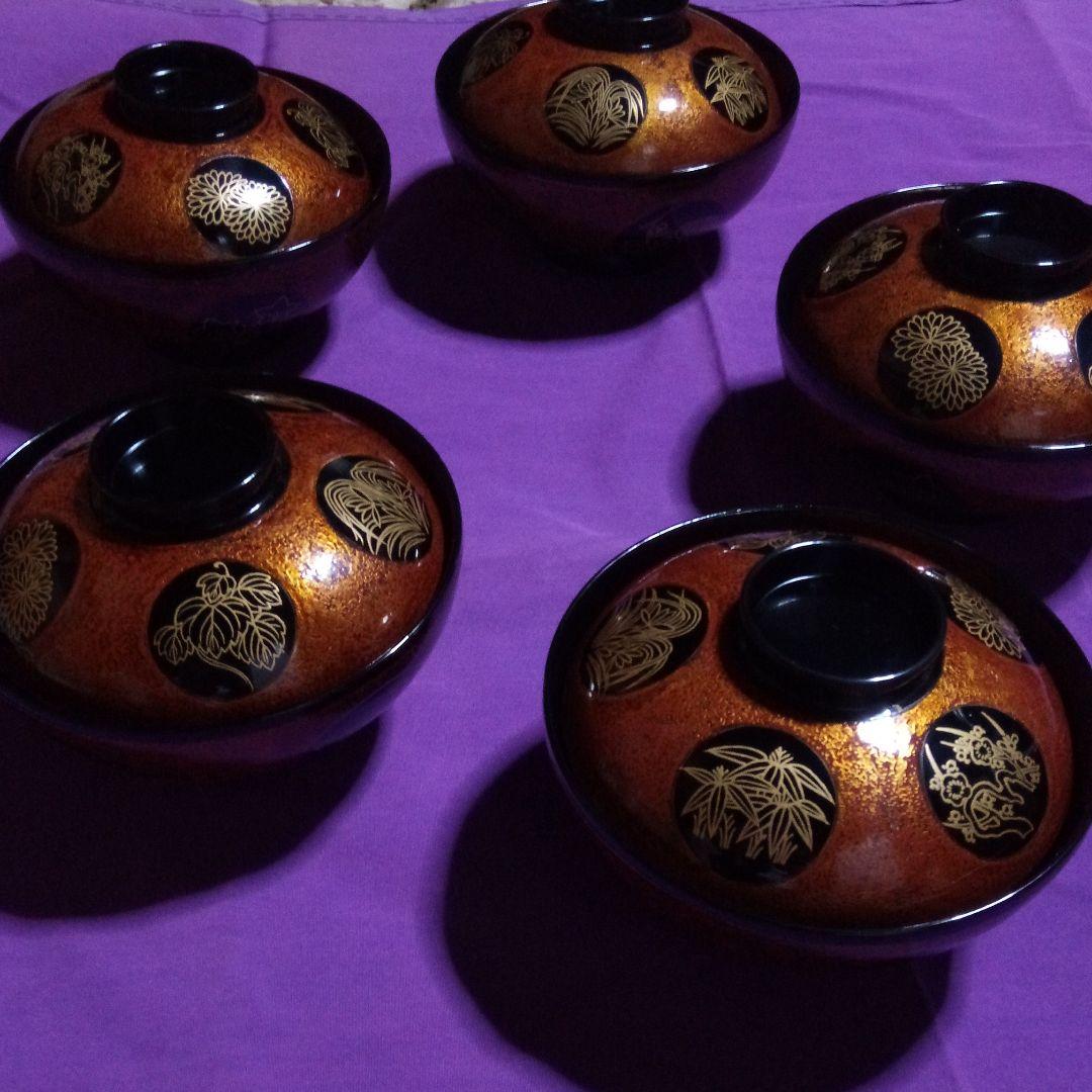 輪島塗蒔絵付　吸物椀五客　正喜作