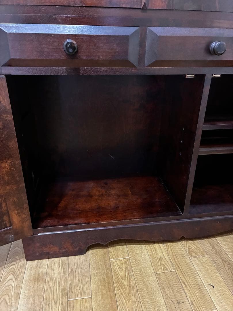 ☆送料込み☆ 民芸　民藝　木製食器棚 ダークブラウン ガラス扉付き