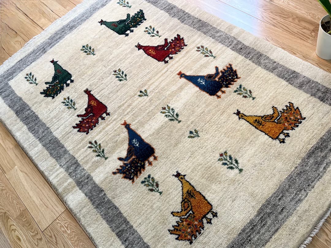 【キャンペーン】ペルシャ　ギャッベ　174×120　アイボリー　ベージュ　孔雀