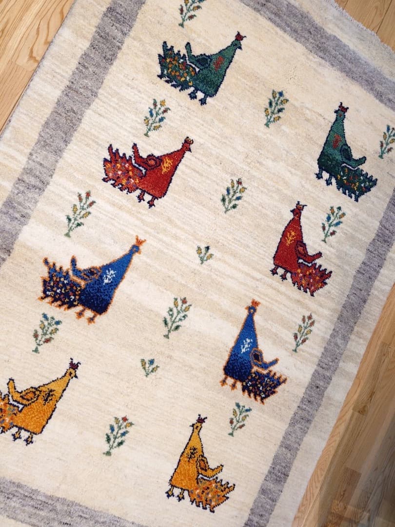 【キャンペーン】ペルシャ　ギャッベ　174×120　アイボリー　ベージュ　孔雀